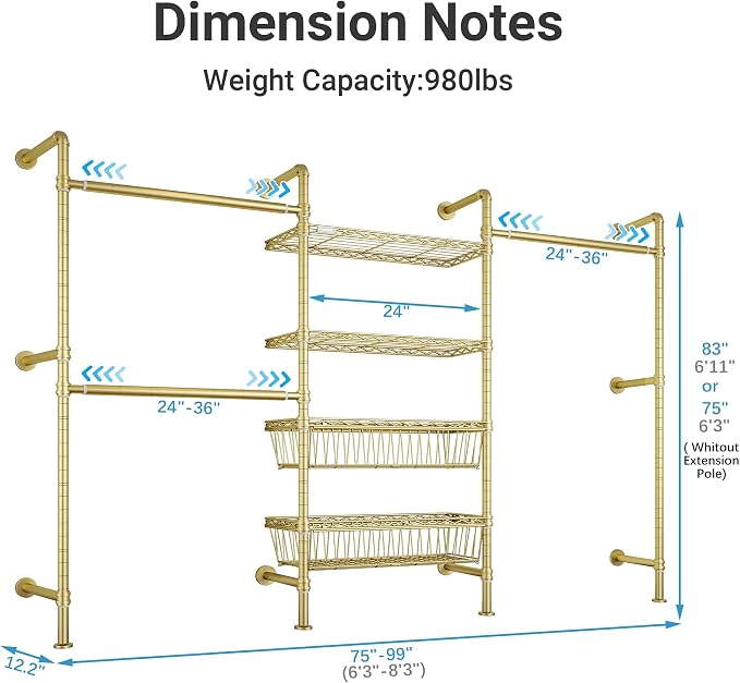 Timate X3 Expandable Heavy Duty Clothes Rack Wall Mounted Clothing Rack for Hanging Clothes, Industrial Pipe Closet System for Walk in Closet Kit, Wall Mount Clothes Rack with Basket, Gold Wall Closet