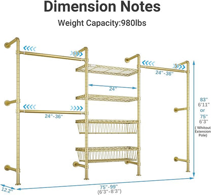Timate X3 Expandable Heavy Duty Clothes Rack Wall Mounted Clothing Rack for Hanging Clothes, Industrial Pipe Closet System for Walk in Closet Kit, Wall Mount Clothes Rack with Basket, Gold Wall Closet