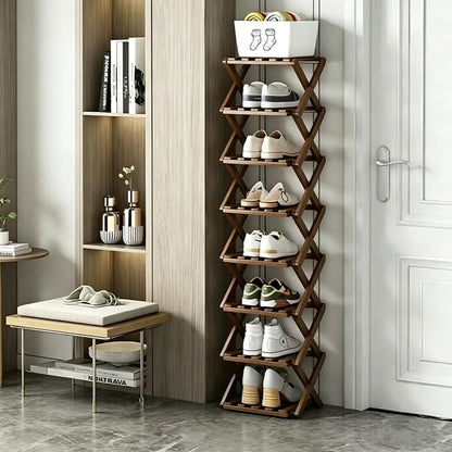 Foldable Shoe Rack, Bamboo Vertical Shoe Organizer Tall for Small Spaces. Multifunctional Narrow Shoe Shelf for Entryway, Closet, Corner, Bedroom, Hallway, Brown Color 8 Layers