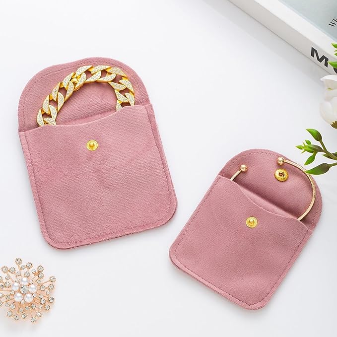 Velvet Jewelry Pouch, Pink, Gold Snap Closure, Small Travel Storage Case（10 Pack 3 * 3）