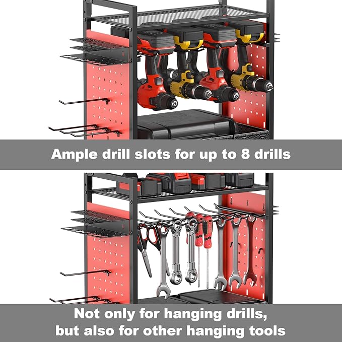 CCCEI Garage Power Tools Organizer Cart with Charging Station, Black Floor Standing Rolling Drill and Tools Battery Storage Cart on Wheels. Red Utility Rack Gift for Men, Husband, Father.