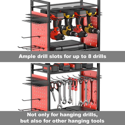 CCCEI Garage Power Tools Organizer Cart with Charging Station, Black Floor Standing Rolling Drill and Tools Battery Storage Cart on Wheels. Red Utility Rack Gift for Men, Husband, Father.