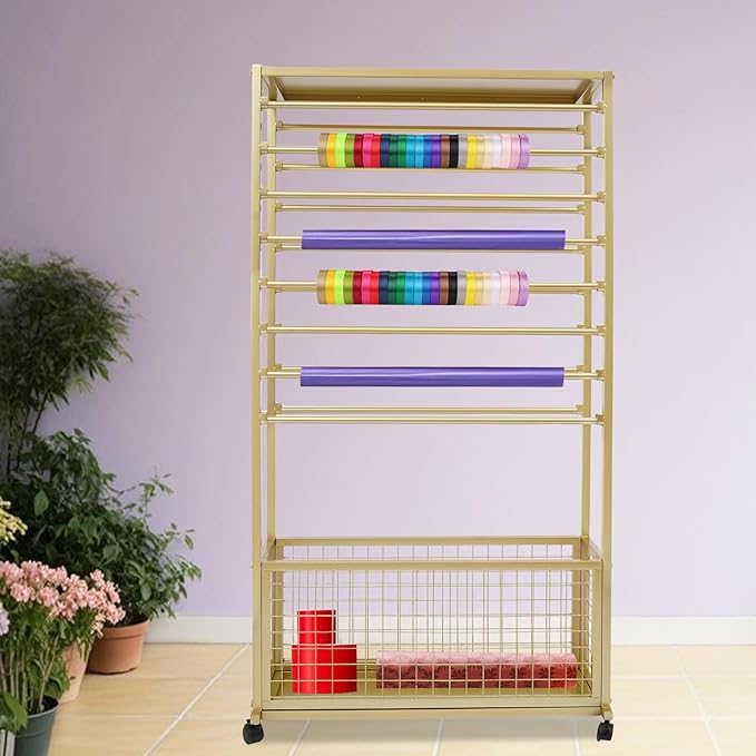 16-Tier Double-Sided Ribbon Holder Organizer Rack with Storage Basket & Wheels, Multifunctional Flower Wrapping Paper Display Stand for Craft Rooms, Flower Shops (Gold, 31.5''W x 12.6''D x 59.06''H)
