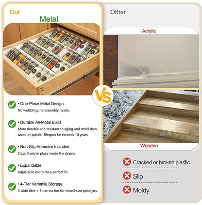 GOENDR Metal Spice Drawer Organizer, 4 Tier Spice Rack for Drawer, Expandable Seasoning Organizer For 11.4-22.8” Wide Drawer, Holds up to 48 Spice Jars (Not Included), White