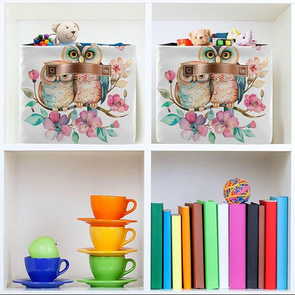 Large Storage Basket Cute Owl Couple Flowers Storage Bin Cube Canvas Fabric Organizer Handles Collapsible for Clothes Toys Bedroom Decorative