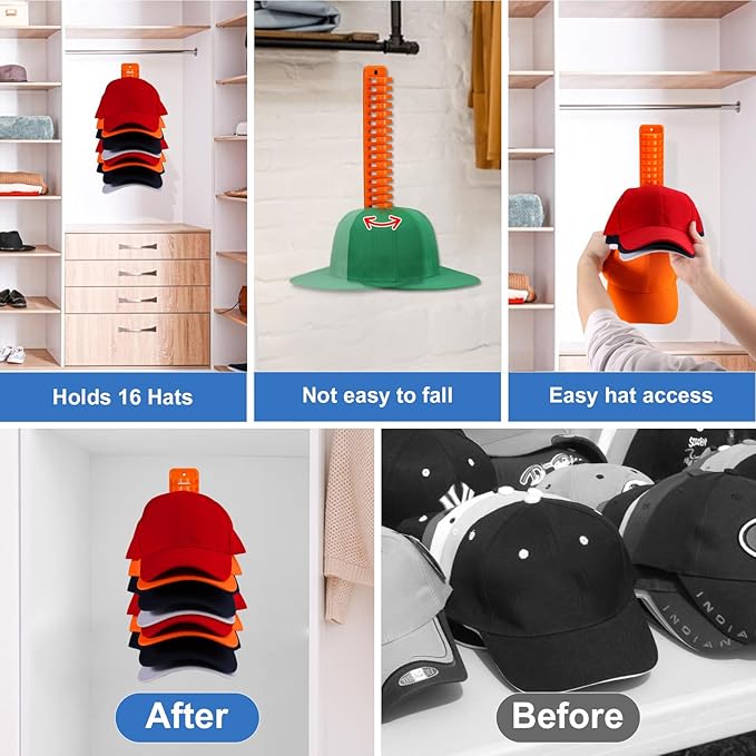 NAZZO Hat Racks for Wall, Hat Holder for Baseball Caps, Adhesive or Drilling Double Use Hat Display Hooks, Hat Organizer for Men Boys Bedroom Accessories, 2Pack Holds Up to 32 Caps, Orange