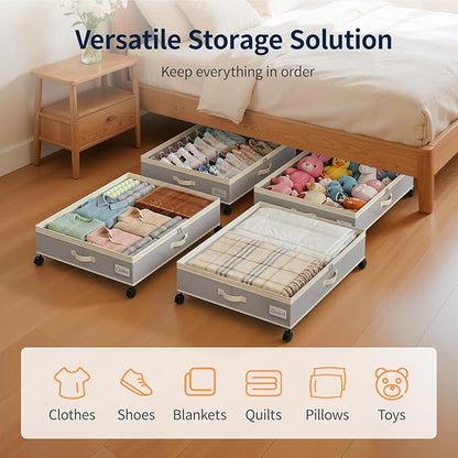 Yecaye 80L Under Bed Storage with Wheels, 2 Pack Under Bed Storage Containers with Lids for Clothes, Shoes and Blankets, Metal Rolling Underbed Storage Drawers for Bedrooms and Dorms, Grey