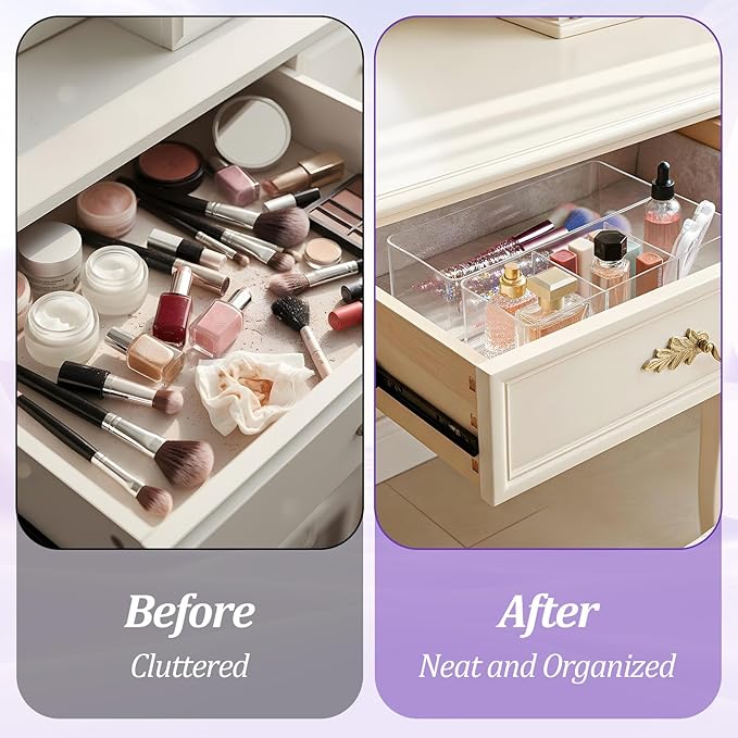 Acrylic Organizer, 2PK Cube Sections Makeup Organizer for Drawer, Makeup Organizer for Vanity, Countertop, Bathroom, Kitchen and Cabinet Storage(1+3 Compartment)