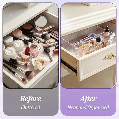 Acrylic Organizer, 2PK Cube Sections Makeup Organizer for Drawer, Makeup Organizer for Vanity, Countertop, Bathroom, Kitchen and Cabinet Storage(1+3 Compartment)