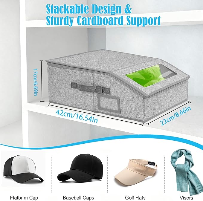 4 Pack Hat Organizer for Baseball Caps, Hat Storage Box, Holds up to 48 Caps, Baseball Cap Organizer for Closet/Shelf, Hats Box Holder | Stackable, Foldable, Clear Lid, Easy-Access,Grey