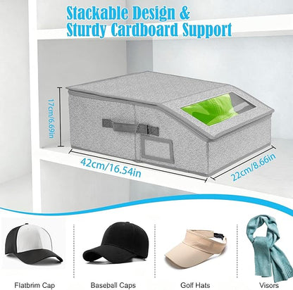 4 Pack Hat Organizer for Baseball Caps, Hat Storage Box, Holds up to 48 Caps, Baseball Cap Organizer for Closet/Shelf, Hats Box Holder | Stackable, Foldable, Clear Lid, Easy-Access,Grey