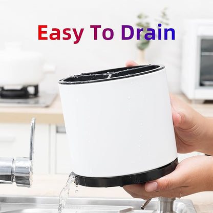 LIBODOUR Silverware Organizer Kitchen Utensil Holder 360°Rotating For Counter Organizer Stainless Steel Storage Silverware Caddy 3 Compartment Flatware Spoon Spatula Tool Cutlery Container(White)