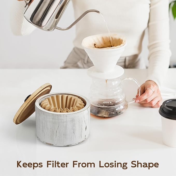 Coffee Filter Holder, Wood Filter Storage Container for Counter, Coffee Bar Accessories for Home Decor, Retro White