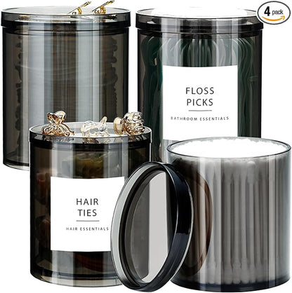 SheeChung 4-Pack Black Stackable Apothecary Jars - (10oz & 12oz) Mixed Sizes Qtip Holder - Modern Industrial Bathroom Accessories Decor with Storage Lids - Translucent Black
