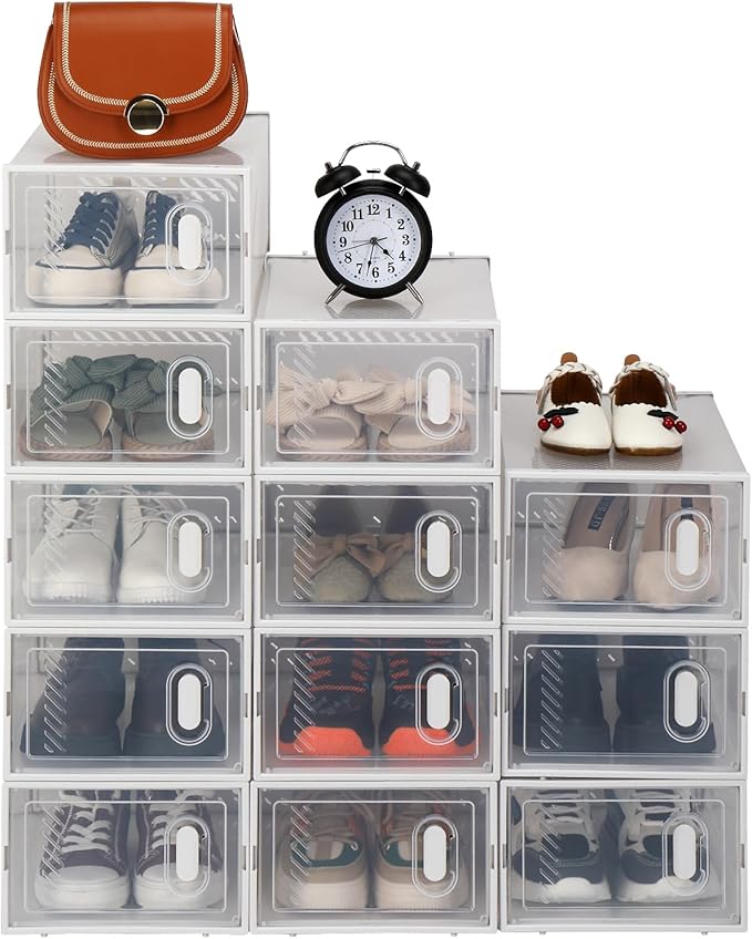 Shoe Boxes Clear Plastic Stackable, Shoe Storage Box 12 Pack, Shoes Organizer, Modular & Space Saving, Ventilation Holes, Interlocking Design, Sneaker Containers Display Case, White & Transparent