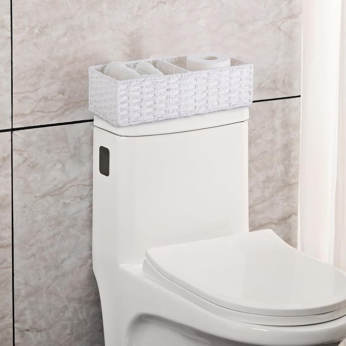 Vagusicc 2 Section Wicker Storage Basket, Wicker Baskets for Storage, Toilet Paper Basket for Toilet Tank Top, Small Wicke Baskets for Organizing Shelves, 2-Pack, White
