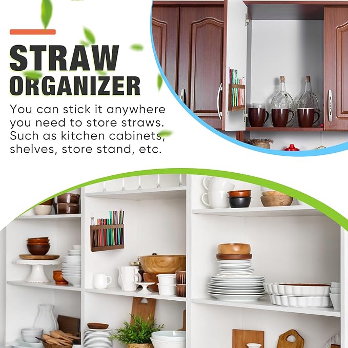 Qinyoung Wooden Straw Holder for Cabinet Door with Double Sided Adhesive Tape Tumbler Straw Organizer for Cupboard Reusable Tumbler Storage Container for Kitchen Counter(Acacia Color)
