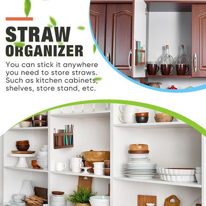 Qinyoung Wooden Straw Holder for Cabinet Door with Double Sided Adhesive Tape Tumbler Straw Organizer for Cupboard Reusable Tumbler Storage Container for Kitchen Counter(Acacia Color)