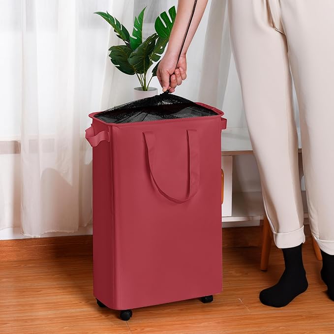 efluky Slim Laundry Hamper with Wheels, Rolling Laundry Basket for Clothes, Small Laundry Basket for Bedroom, Dorm and Laundry Room, 60L (12.7 Gallons) Burgundy Red