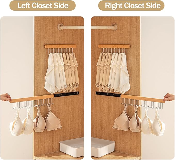 Pull Out Bra Hanger for Closet, Sliding Hooks Rack for Belt Ties Tank Top Scarf Jewelry, Space Saving Organizr for Wardrobe Cabinet, Right Side 12 Hooks Rail, 2 Pcs