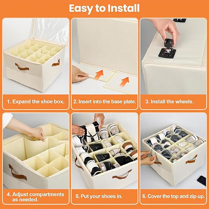 Shoe Storage Organizer for Closet,Shoe Organizer for Closet with Detachable Wheels and Adjustable Dividers,Foldable Large Shoe Box Storage Fits 16 Pairs Extra with Cover and Storage Pocket
