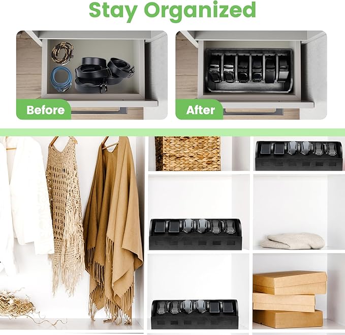 Large Adjustable Bamboo Belt Organizer Box, 6 Grids Belt Rack, Belt Organizer for Closet Shelf and Drawer, Tie and Belt Storage Organizer Wall Mount and Displayer for Men Women Father Day (Black)