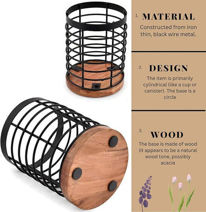 Wooden Utensil Holder for Kitchen Countertop, Rustic Metal Wire Cutlery Stand with Solid Wood Base, Spoon Spatula Organizer for Kitchen Décor Cooking Tools - 5.2" x 5.2" x 6"