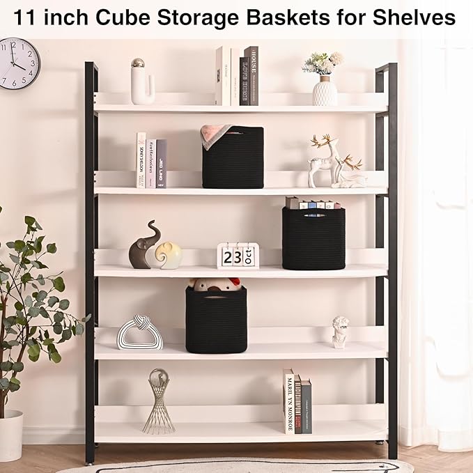11 Inch Cube Storage Bins, 11x11 Cube Storage Bins for Cube Organizer, Square Cloth Storage Cubes, Black Woven Storage Baskets for Shelves, Toy Baskets Storage Kids, Black (Pack of 3)