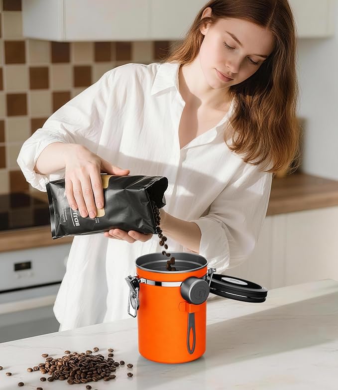 Coffee Gator Coffee Canister, 16oz Airtight Stainless Steel Kitchen Food Storage Container with Date Tracker, Scoop for Sugar,Grounds Coffee, Beans,Tea, Sugar, Cereal, Flour, Cookies Jars - Orange