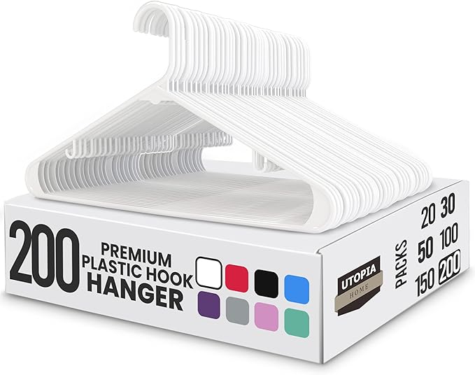 Utopia Home Plastic Hangers 200 Pack - Space Saving Clothes Hanger - Durable & Strong Closet Organizers and Storage with Built-in Strap Hooks - Essential for Shirts, Pants, Skirts & Coats (White)