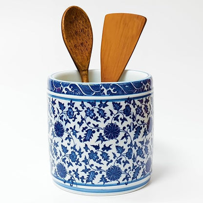 Kitchen Utensil Holder for Kitchen Countertop, Ceramic Cooking Utensils Holder, Large Utensil Crock, Spatula Holder for Counter, Blue and White Tool Holder