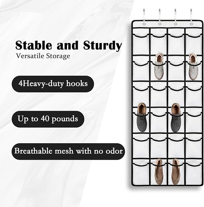 Over the Door Shoe Organizer, 24 Large Breathable Mesh Pockets, Space Saving Hanging Storage, Holds Up to 40 lbs, Hangs on Closets for Shoes, Accessories, White