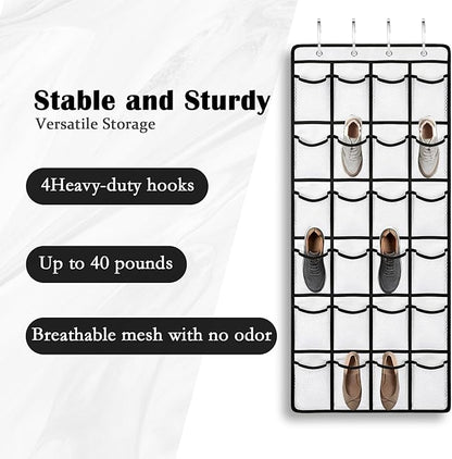 Over the Door Shoe Organizer, 24 Large Breathable Mesh Pockets, Space Saving Hanging Storage, Holds Up to 40 lbs, Hangs on Closets for Shoes, Accessories, White