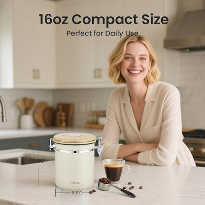 Veken Coffee Canister, Airtight Stainless Steel Kitchen Food Storage Container with Date Tracker and Scoop for Beans, Grounds, Tea, Flour, Cereal, Sugar, Cookie, 16OZ, Cream