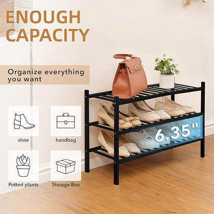 3 Tier Bamboo Shoe Rack Storage Organizer for Closet, Multifunctional Stackable Free Standing Shoe Shelf Organizer for Small Space,Entryway,Hallway,Bathroom 27"x11"x20" (Black, 3 Tier)