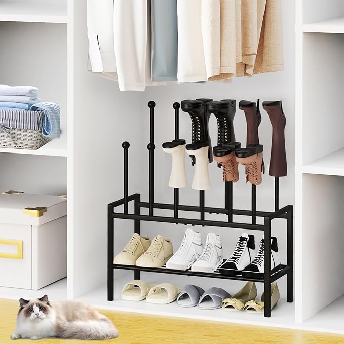 Freestanding Shoe Racks - 3 Tier Metal Boot Rack with 12 Long Posts Holds 6 Pairs Tall Boots, Shoe Storage Organizer for Entryway Closet Bedroom Hallway Indoor Outdoor