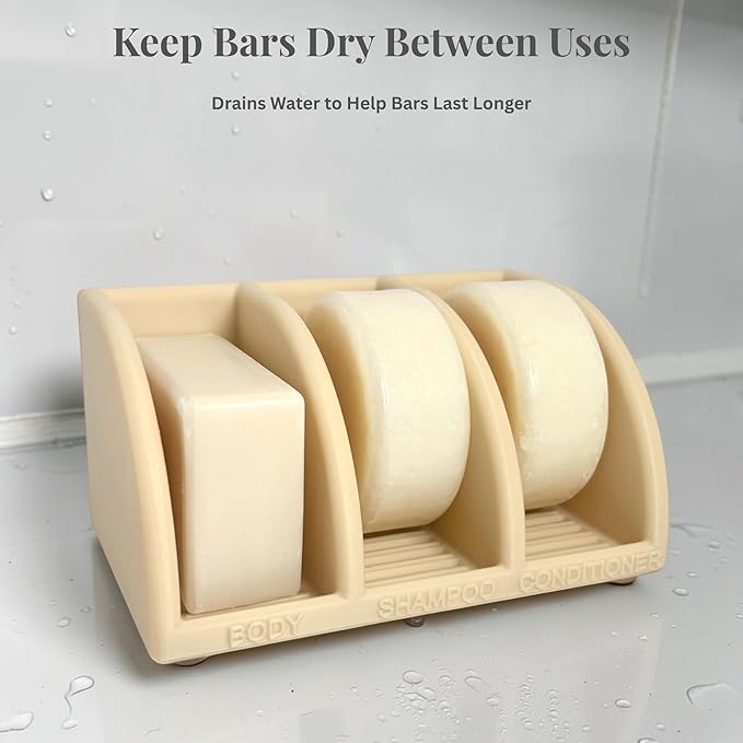 Shampoo Bar Holder for Shower, 3-Slot Soap & Conditioner Organizer with Drainage - Keeps Bars Dry & Lasts Longer - Modern Bathroom Organizer by Essence & Abode (Beige)