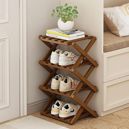 YYW Shoe Rack, Foldable Bamboo Shoes Shelf, Freestanding Shoe Storage Organiser for Entryway, Hallway, Bedroom, Closet (Brown, 4 Layers)