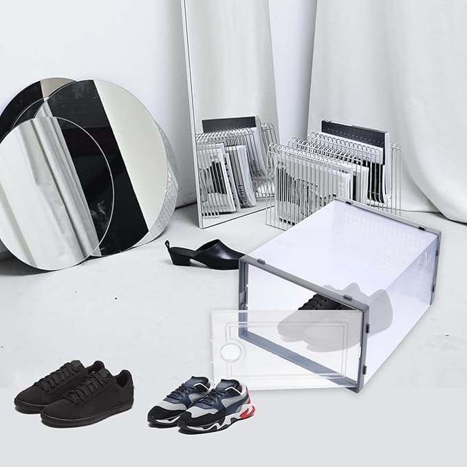 SEWACC 2 Pcs Plastic Shoe Storage Boxes with Drawer Stackable Organizer for Closet, Grey Thickened Shoe Organizer Containers for Sneaker and Boot Storage Style