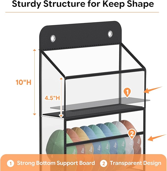 Simple Trending Over The Door Hat Organizer for Baseball Caps, Large Storage 72 Caps Hat Rack for Closet Wall, Deep Pockets Hanging Hat Holder with 2 Hooks, Black