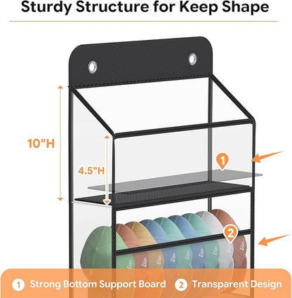 Simple Trending Over The Door Hat Organizer for Baseball Caps, Large Storage 72 Caps Hat Rack for Closet Wall, Deep Pockets Hanging Hat Holder with 2 Hooks, Black
