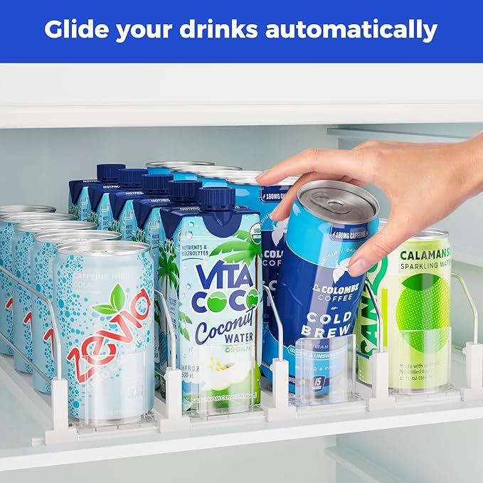 Puricon Drink Organizer for Fridge - Spring Loaded Pusher Glide, Self Pushing Soda Can Dispenser, Beer Bottle Beverage Holder for Refrigerator - 4 Rows, White