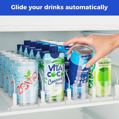 Puricon Drink Organizer for Fridge - Spring Loaded Pusher Glide, Self Pushing Soda Can Dispenser, Beer Bottle Beverage Holder for Refrigerator - 4 Rows, White
