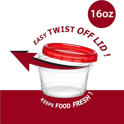 ELEGANT DISPOSABLES (16 Ounce 10 Pack) Twist cap Containers Clear Bottom With Red Top Screw on Lids Twist Top Food Storage Freezer Containers