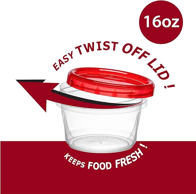 ELEGANT DISPOSABLES (16 Ounce 20 Pack) Twist cap Containers Clear Bottom With Red Top Screw on Lids Twist Top Food Storage Freezer Containers