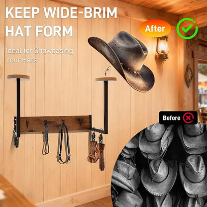 Cowboy Hat Rack For Wall, Rustic Helmet Holder with 2 Wooden Hat Stands, 4 Metal Hooks and 4 Clips for Jacket Organization, Western Home Decor Shelf for Closet, Horse Trailer, Entryway, Bedroom
