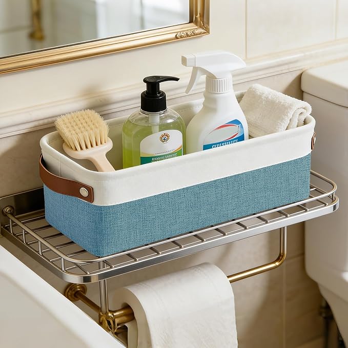 Bagnizer Small Fabric Storage Baskets, 15x6x5 inch Narrow Storage Bins 4-Pack Long Storage Basket for Organizing with Handles, Decorative Basket for Closets, Shelves, Toilet Paper, Teal