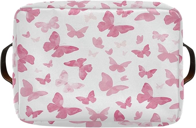 Watercolor Pink Butterfly Storage Basket Bin, Large Cube Storage Box Canvas Collapsible Storage Organizer for Home Office Closet - 15 L x 11 W x 9.5 H