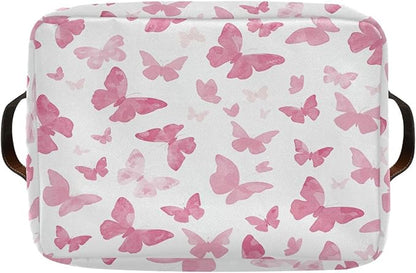 Watercolor Pink Butterfly Storage Basket Bin, Large Cube Storage Box Canvas Collapsible Storage Organizer for Home Office Closet, 2 Pack - 15 L x 11 W x 9.5 H