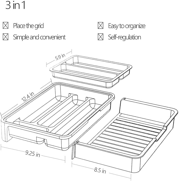 HornTide 3-in-1 Cutlery Tray, Expandable Utensils Holder, Plastic Kitchen Drawer Organizer for Silverware Storage and More - White